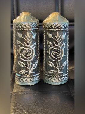 Vintage Radiant Originals 6" Rose Candles Black Ornate New In Plastic Wrapping